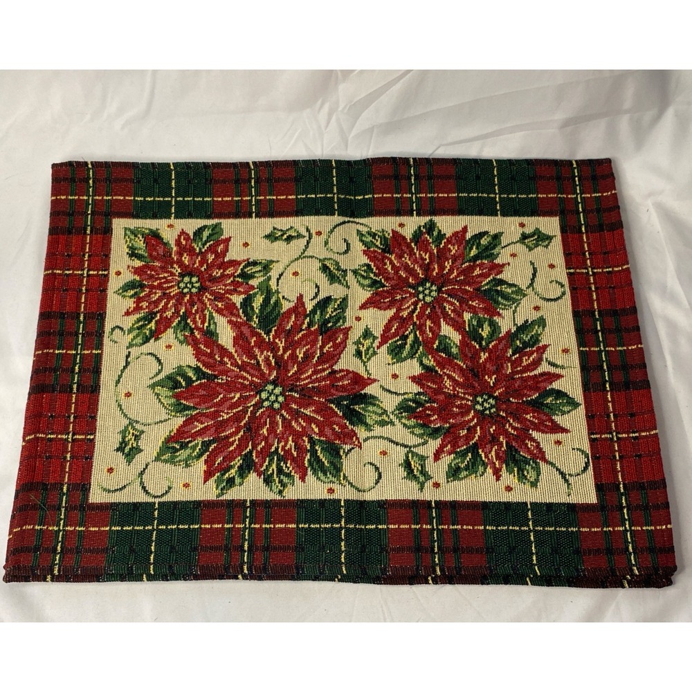 Set Of 4 Vintage Tapestry Christmas Poinsettia Placemats With Red/Green Plaid